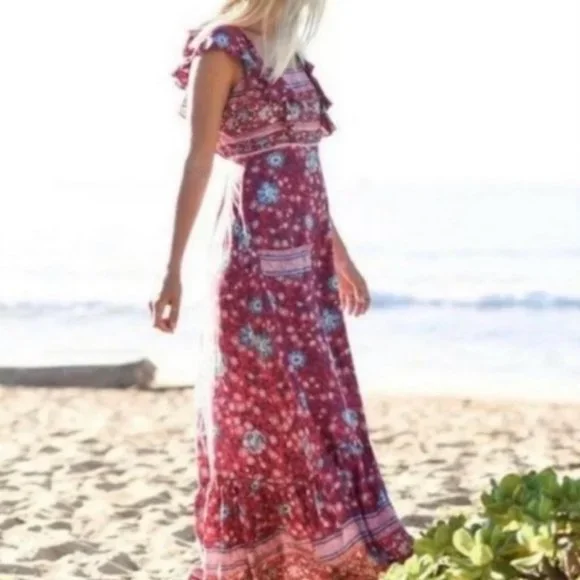 SPELL | Folk Town Frill Maxi Dress in Wine - Picture 3 of 11